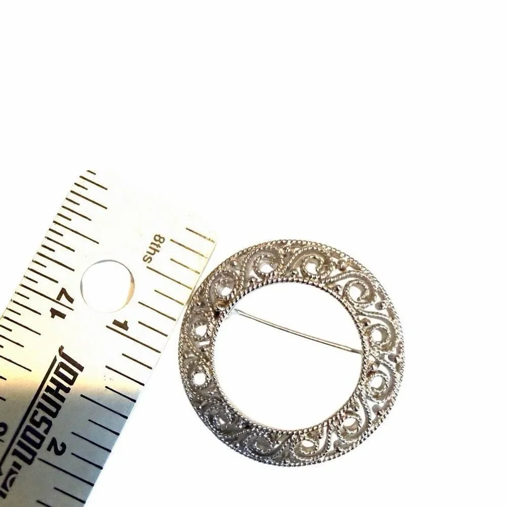 Vintage Silver Tone Openwork Filigree Circle Brooch